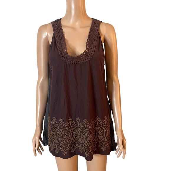 Language Tops - Language Sleeveless Brown Tunic Tank Top Women’s Large Crochet Trim Boho